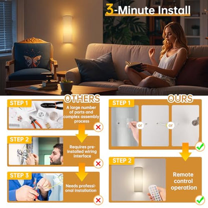 Shenmoyl Adhesive Battery Operated Wall Sconce Set of 2, 6000 mAh Battery Rechargeable Bulb with 12 RGB Colors, Stick on Wall Sconce No Drill Wall Lights, Linen - color: Semicylinder