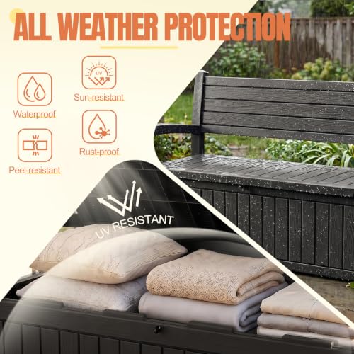 Storage Bench Outdoor Deck Box, 100 Gallon Lockable Patio Furniture, Black | Waterproof & UV Resistant Seating, Indoor/Outdoor Shoe Storage Cabinet for Garden Cushions, Tools, Patio, Pool Supplies