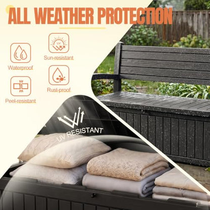 Storage Bench Outdoor Deck Box, 100 Gallon Lockable Patio Furniture, Black | Waterproof & UV Resistant Seating, Indoor/Outdoor Shoe Storage Cabinet for Garden Cushions, Tools, Patio, Pool Supplies