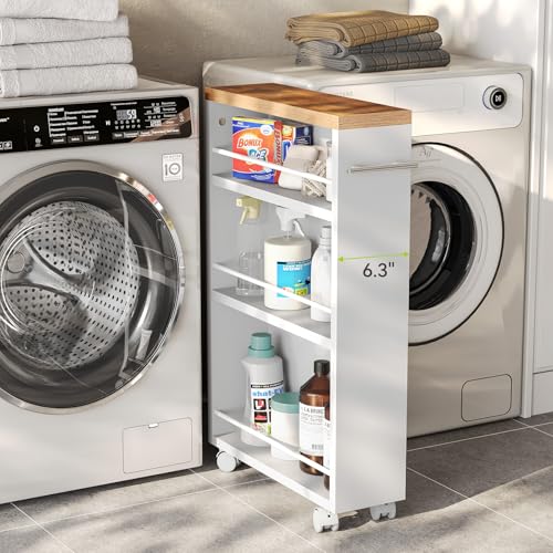 LITTLE TREE 4 Tier Rolling Cart with Wheels, 6.3 Inch Slim Storage Cart, Wooden Snack Cart with Narrow Shelf, White Laundry Room and Bathroom Organizer Shelves - color: White
