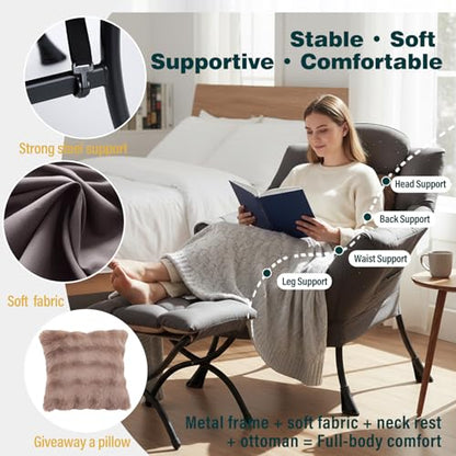 Lazy Chair with Ottoman, Comfy Reading Chair for Bedroom，Grey | Comfy Bedroom Accent Chair with Washable Removable Cover and extra throw pillow for Living Room Dorm - color: Shadow Grey