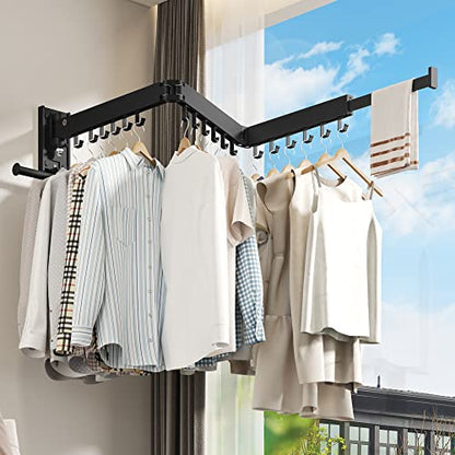 BOQORAD Drying Rack Clothing, Retractable Clothes Drying Rack,Wall Mounted Laundry Rack, Laundry Drying Rack Wall Mount,Collapsible Clothes Rack,can Fold Upward & Left & Right,Black Color - color: Black