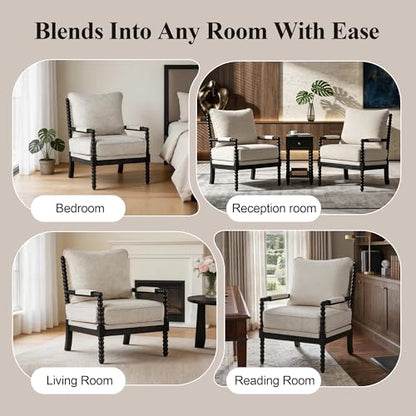 DUHOME Linen Fabric Spindle Accent Chairs Set of 2,Bobbin Chair with High Resilience Spring Cushion and Armrest Pads, Leisure Armchair for Living Room Bedroom Farmhouse Home Office Belcony - color: Black+cream, size: 2 pcs
