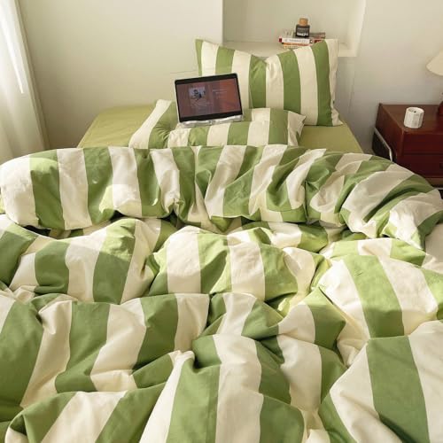LifeTB Sage Green and White Striped Duvet Cover Set Twin, 100% Washed Microfiber Soft Breathable Striped Bedding Set, 3 Pieces Retro Stripes Pattern Printed Comforter Cover with 2 Pillowcases - color: 09# Sage Green Striped, size: Twin(68"x86")