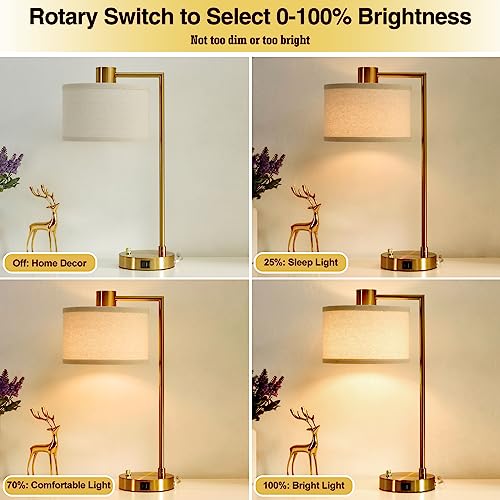 Gold Table Lamp Set of 2, Dimmable Bedside Lamps for Night Stands, USB A+C | Nightstand Lamp with Linen Lampshade, 2 LED Bulbs Included,Desk Lamp for Bedroom, Living Room, End Table, Reading, Office - color: Gold