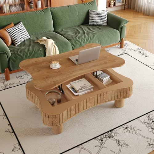 Zurnes Lift Top Coffee Table with Storage, 42" Accent Table for Living Room, Fluted Panel Hidden Storage, Silent Hydraulic Lift, Curved Corners, Easy Assembly, Light Brown - color: Light Brown