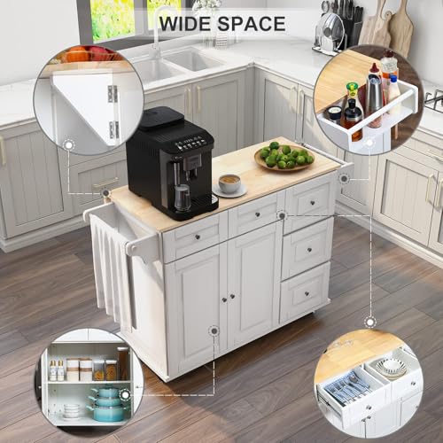 Mobil Kitchen Island Cart with Drop Leaf, Kitchen Cart Rolling Mobile Island with Wooden Countertop, Island Table for KitchenSpice Rack,Adjustable Shelves and Drawers, White
