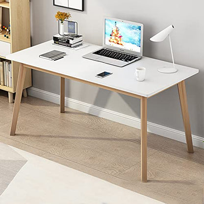 IOTXY Simple Wooden Writing Desk - Modern Minimalist Style PC Laptop Computer Workbench with Solid Wood Legs, 55" W Home Office Work Table for TV Stand Music Video Live Broadcast Workstation, White | Nordic Minimalist Style, MDF Tabletop, Solid Wood Legs,
