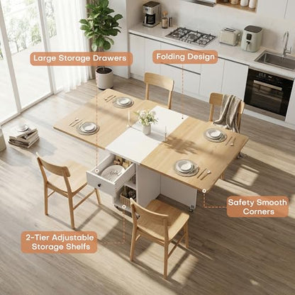 Jocoevol Space Saving Folding Dining Table for 4, Foldable Dining Table with Drawer and Storage Shelf, 6 Wheels Drop Leaf Kitchen Dining Room Table for Small Space (Natural, 47.2" x 23.6" x 29.9") - color: Oak