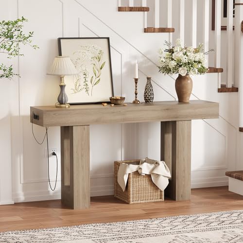 IDEALHOUSE 63" Entryway Table with Power Outlet, Console Table for Entryway | Grey, Wooden Sofa Table, Long Narrow Hallway Foyer Table for Entryway, Hallway, Living Room - color: Grey
