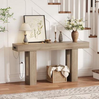 IDEALHOUSE 63" Entryway Table with Power Outlet, Console Table for Entryway | Grey, Wooden Sofa Table, Long Narrow Hallway Foyer Table for Entryway, Hallway, Living Room - color: Grey