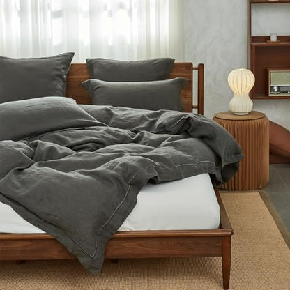 Simple&Opulence 100% Washed Linen Duvet Cover Set with Embroidered,2 Pieces Soft Farmhouse Comforter Set with Button Closure,1 Duvet Cover and 1 Pillowsham(Twin,Dark Grey) - color: Embroidery Dark Grey, size: Twin