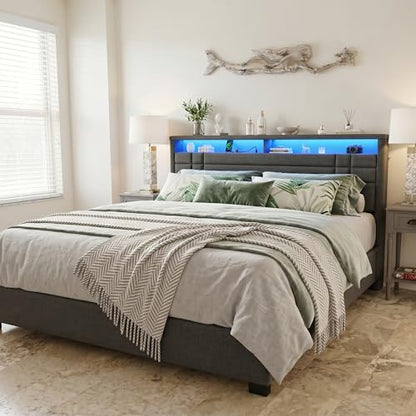 EnHomee King Upholstered Bed Frame with Charge Station & LED Lights, Grey | 2-Tier Shelves Headboard, 12" Under-Bed Storage Space, Noise-Free, No Box Spring Needed, Easy Assembly - color: Grey, size: King (U.S. Standard)