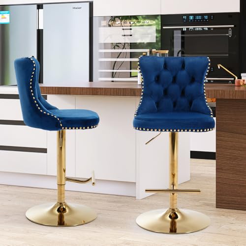 Velvet Bar Stool Set of 2, Adjustable Swivel Bar Stools with Gold Plated Metal Leg, Button Tufted, Footrest, Chrome Nailhead, Counter Height Chair for Kitchen, Bar, Dining Room (Blue) - color: Blue-gold Leg, size: Set of 2