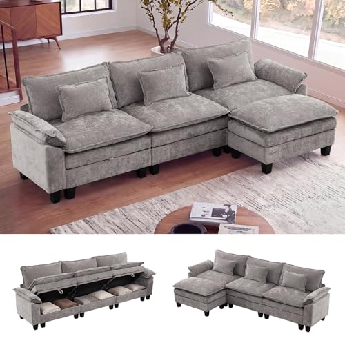 118" Modular Sectional Sofa with Storage, L-Shaped Cloud Couch | Deep Seat, Moveable Ottoman, Throw Pillows, Sofa Sleeper, Cloud Comfort Couches for Living Room Bedroom, Chenille Grey - color: Grey, size: 118" - 4 Seat L