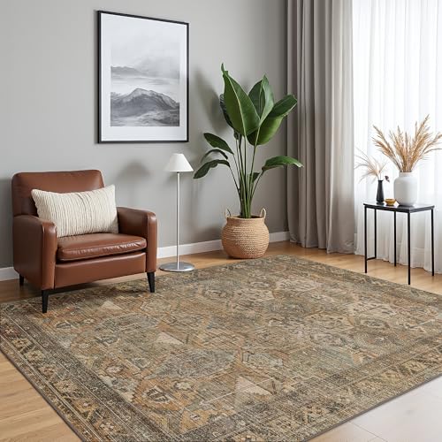 3x5 Area Rug Washable Rug for Living Room Bedroom Non Slip Carpet Taupe | Vintage Print Carpet, Low Pile Lightweight Rugs with Non Slip Backing for Home Office Dining Room - color: Area Warm Taupe, size: 3' x 5' (Rectangular)