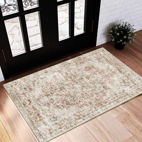 CHAMPLANT Washable Area Rug 2'x3' Door Mat Vintage Distressed Doormat Indoor Entrance Traditional Thin Rug Floral Print Non Slip Carpet for Kitchen Bathroom Bedroom Living Room - color: Rust-colored Vintage Flowers, size: 2' x 3' (Rectangular)