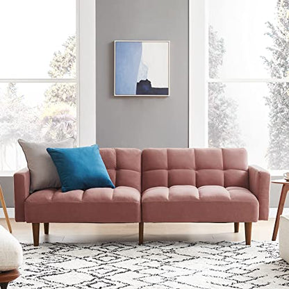 mopio 76.4" Futon Sofa Bed Tufted Styled, Sleeper Couch (Old Rosa, Velvet) | A textured seat folds flat for sleepovers; snug proportions slip into lofts and small lounges. - color: Old Rosa, Velvet
