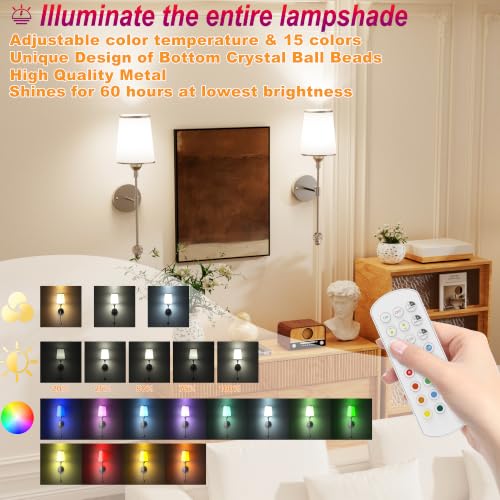 PAIHOME Brushed Nickel Wall Sconces Set of 2 Battery Operated Wall Lights | Battery Powered, Large Capacity, Wireless,Rechargeable,15 Color Modes, Memory Function, Mid-century Design,Smart Timer - color: Nickel