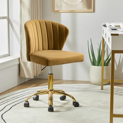 TINA'S HOME Velvet Office Desk Chairs with Wheels & Gold Base, Golden | Modern Velvet Cute Armless Office Chair, Adjustable Low Back Swivel Vanity Chair, Upholstered Task Chair for Living Room - color: Golden