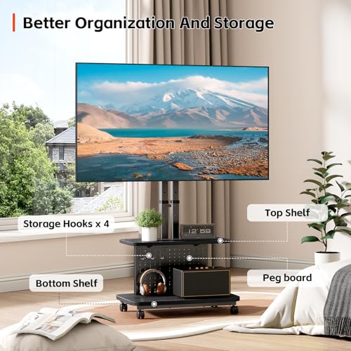Mobile TV Cart on Wheels,Height Adjustable Rolling TV Stand for 32-85 inch TVs,with 5-Level Lift,35° Swivel,Portable Media Cart for Office,Outdoor | Height Adjustablewith 5-Level Lift,35° Swivel,Dual Shelves & Pegboard Storage,Portable Media Cart for Home