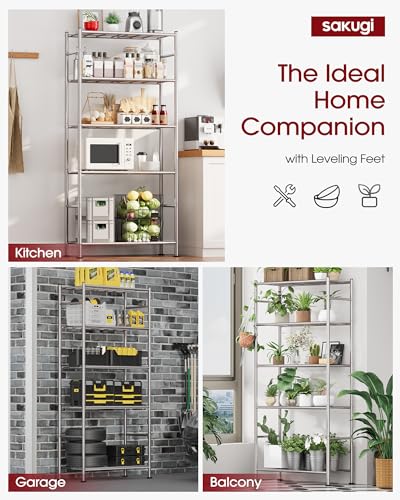 Sakugi 5-Tier Storage Shelves 33.1" x12.6' x73.5 Silver with Wheels | Kitchen, Closet, Pantry, Garage, Heavy Duty, Adjustable Feet, Metal Construction - color: Silver, size: 33.1W x 12.6D x 73.5H(5T)