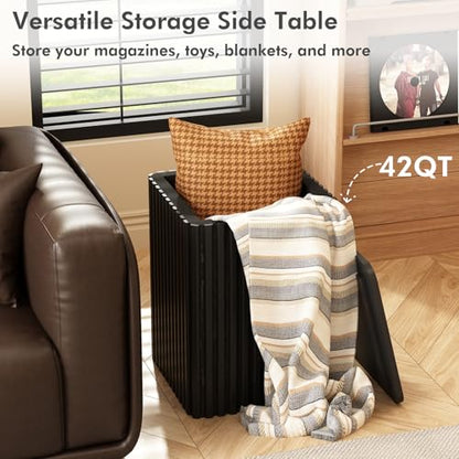 Fluted Side Table with Storage-Small Square End Table | Solid Wood Veneer Top, Accent Tables, Modern Farmhouse Pedestal Drink Tables for Couch, Sofa, Living Room, Black - color: Black