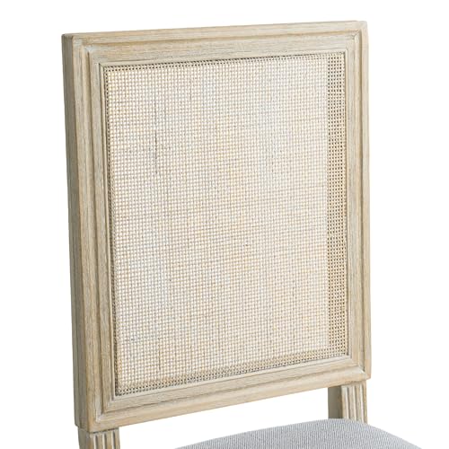 Kmax Farmhouse Dining Room Chairs, Fabric French Distressed Bedroom Chairs with Rectangle Rattan Back, Elegant Tufted Kitchen Chairs, Set of 2, Grey - color: Brown Wash/Rattan Grey, size: 2 Chairs