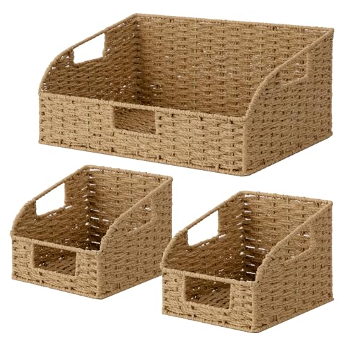 StorageWorks Paper Rope Shelf Baskets,Pantry Storage Baskets,Natural,3-Pack | Pantry Storage Baskets,Wicker Baskets with Handles,Handwoven Wicker Storage Baskets for Shelves,Pantry Organizers and Storage - color: Light Brown(Paper Rope), size: 17"L x 11"W