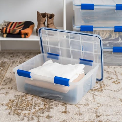 IRIS USA 3-Pack 26.5 Qt Storage Bins with Gasket Lids, Clear/Blue | WeatherPro seal protects everyday essentials in closets, offices and laundry rooms - size: 27 Qt. - 3 Pack