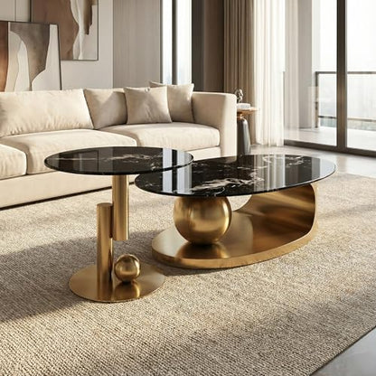 FT Global 2-Piece Nesting Coffee Table Set, 47.2-Inch Oval Coffee Table with 19.7-Inch Round End Table, Black UV-Printed Tempered Glass Tops, Brushed Gold Stainless Steel Bases