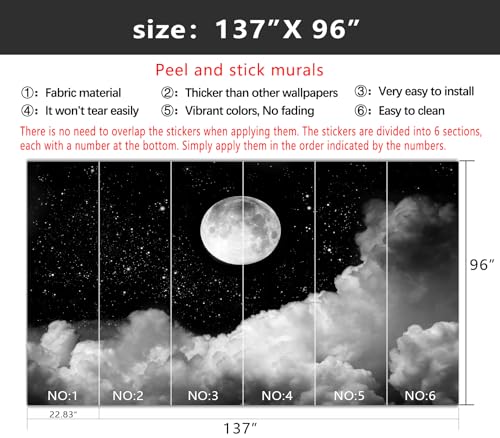 YIHWM-Peel and Stick Galaxy Wallpaper Moon Clouds Black Starry Sky Mural | Tear-resistant,with a substantial feel;Will not be damaged during repositioning.Boy's Room,kids room wallpaper.L-137"x96" - color: Yh15, size: 137"x96"
