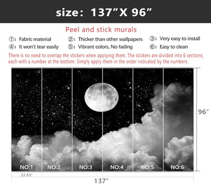 YIHWM-Peel and Stick Galaxy Wallpaper Moon Clouds Black Starry Sky Mural | Tear-resistant,with a substantial feel;Will not be damaged during repositioning.Boy's Room,kids room wallpaper.L-137"x96" - color: Yh15, size: 137"x96"