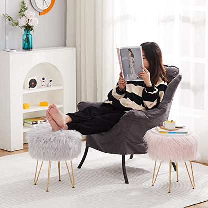Faux Fur Storage Ottoman Round Furry Vanity Stool Marble Grain Tray Coffee Table Compact Footrest Stool with 4 Metal Legs Soft Makeup Seat Foot Stools for Living Room Bedroom Entryway Grey - color: Grey