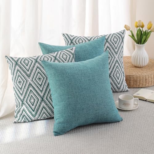 HPUK Throw Pillow Covers 18x18, Set of 4, Aqua Blue Couch Pillow Covers | Polyester fabric, patterned and solid designs, hidden zippers, machine washable, for sofas and beds, inserts not included - color: Aqua, size: 18" x 18" (Pack of 4)