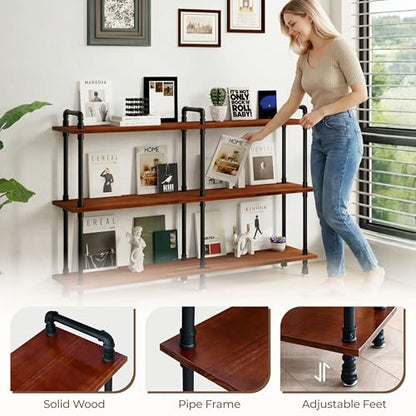 Industrial Bookshelf, Pipe Shelf Bookcase, 3 Tier, 60" Walnut | Solid pine shelves, 60 inch wide, black pipe frame, 70 lbs per shelf, open bookcase for books, plants, office - color: Walnut Brown, size: 60"L × 39"H