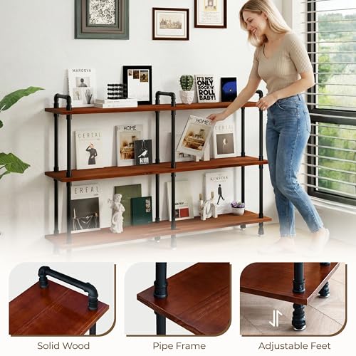 Industrial Bookshelf, Pipe Shelf Bookcase, 3 Tier, 60" Walnut | Solid pine shelves, 60 inch wide, black pipe frame, 70 lbs per shelf, open bookcase for books, plants, office - color: Walnut Brown, size: 60"L × 39"H