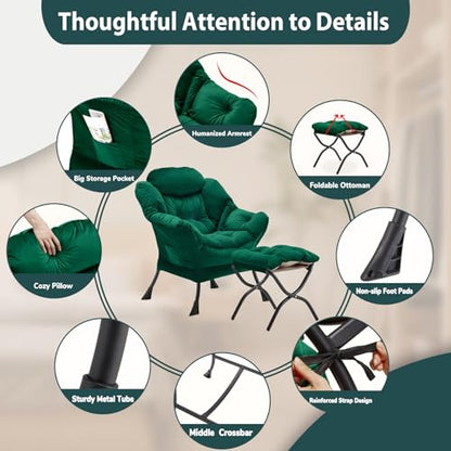 Youtanic Lazy Chair with Folding Ottoman, Accent Chair Velvet Upholstered with Metal Structure and Non-Slip Pads, Sofa Armchair with Footrest and Side Storage Bag for Dorm, Room, Office, Green - color: Green