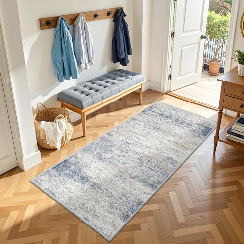 3x6 Runner Rug Non Slip,Washable Hallway Runner Rug,Blue | Neutral Rugs for Kitchen,Entryway,Bedroom,Bathroom,Nursery Room,Thin,Soft Runner Rug,Stain Resistant Indoor Carpet - color: Blue/Brown/Ivory, size: 3' x 6' (Runner)