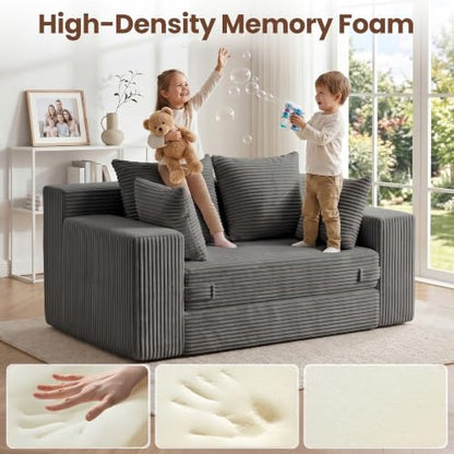 Boneless Mini Couch 53 Inch, 3-in-1 Gray Boneless Couches Covertible Sofa Bed with 4 Pillows, Small Couches for Living Room, Bedroom, Small Space - color: Grey, size: 53 Inch