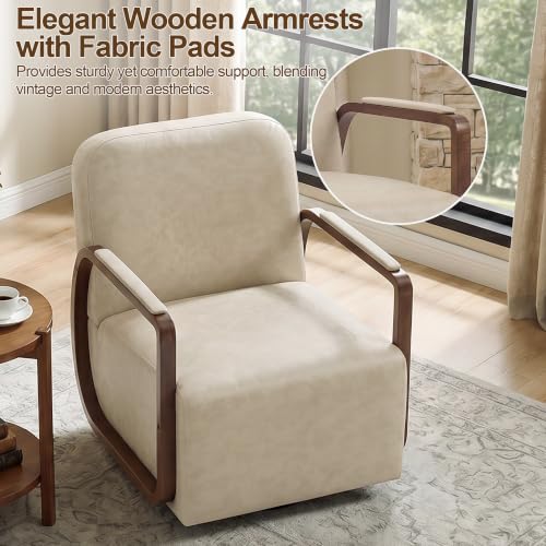 Faux Leather 360° Swivel Barrel Accent Chair, Upholstered Mid Century Modern Reading Lounge Chair with Wooden Armrests & Solid Rotating Metal Base for Living Room Bedroom, Cream Beige - color: Cream Beige, size: 1 Pack