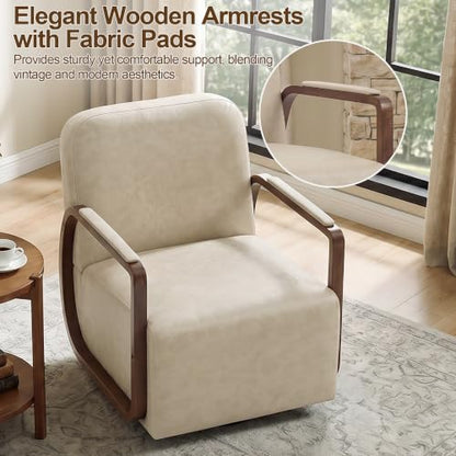 Faux Leather 360° Swivel Barrel Accent Chair, Upholstered Mid Century Modern Reading Lounge Chair with Wooden Armrests & Solid Rotating Metal Base for Living Room Bedroom, Cream Beige - color: Cream Beige, size: 1 Pack