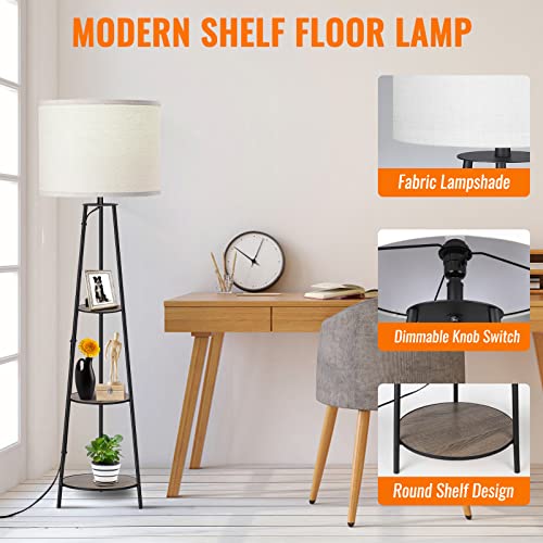 RISLG Floor Lamp, 3-Tier Round Corner Shelf Floor Lamp with 3 Dimmable Levels - Simple Standing Lamp with White Fabric Shade, Tall Modern Floor Lamps with Shelves for Bedroom, Living Room and Office