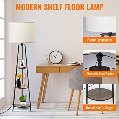 RISLG Floor Lamp, 3-Tier Round Corner Shelf Floor Lamp with 3 Dimmable Levels - Simple Standing Lamp with White Fabric Shade, Tall Modern Floor Lamps with Shelves for Bedroom, Living Room and Office