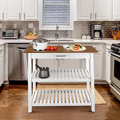 Kitchen Island with Solid Wood Top, White & Cherry Natural - color: White & Cherry Natural