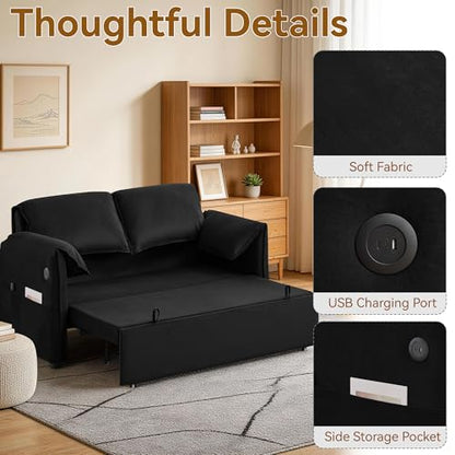 63" 3-in-1 Velvet Convertible Sleeper Sofa Bed, Modern Adjustable Backrest Loveseat Pull Out Couch with USB & Side Pocket, Small Space Love Seat Sofa Bed for Living Room, Bedroom, Black Velvet - color: Black