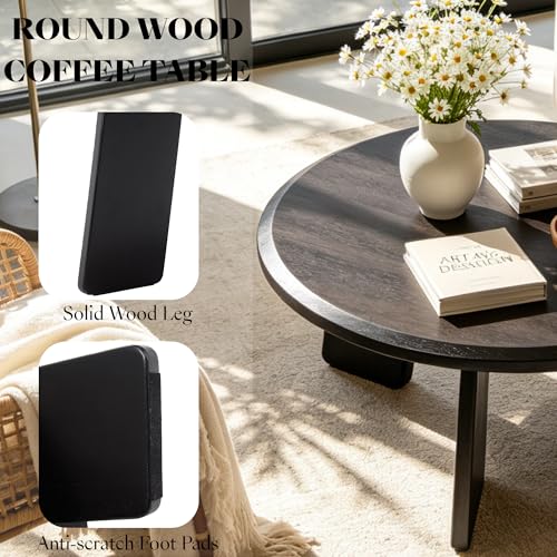 32" Round Coffee Table for Living Room, Wood Coffee Table with Solid Wood Legs, Small Center Table for Apartment, Modern Rustic Coffee Table with Anti-Resistant Top, Easy Assembly, Black - color: Circle, Black