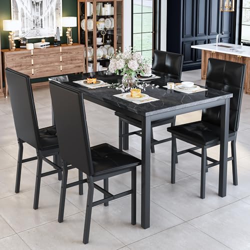 Hooseng Dining Table Set for 4, Faux Marble Small Kitchen Table with 4 PU Leather Chairs, Modern 5 Piece Dinner Table Set for Dining Room, Breakfast Nook, Samll Space, Black - color: Black