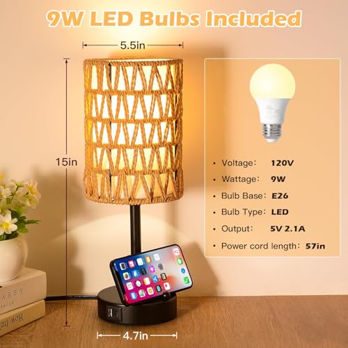 Rattan Table Lamps for Living Room, 3 Way Dimmable Touch Lamps, Small Bedside Lamps with LED Bulbs, Phone Stand, USB Ports and AC Outlet, Boho Nightstand Lamp for Kids Room, Bedroom, Office (1 Pack) - size: 1 Pack Rattan