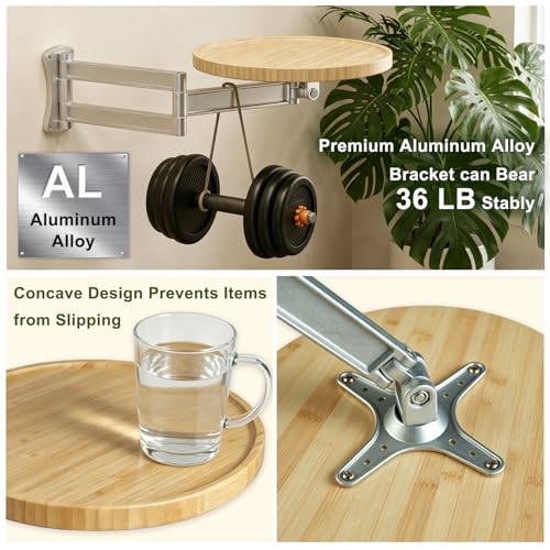 Wall Mounted Folding Table,Retractable Small Bamboo Drop Down Floating Wall Desk,11.8" Round Wood Tabletop with Aluminum Alloy Brackets,Bedside Wall Shelf Drop Top Desk,Fold Down Nightstand